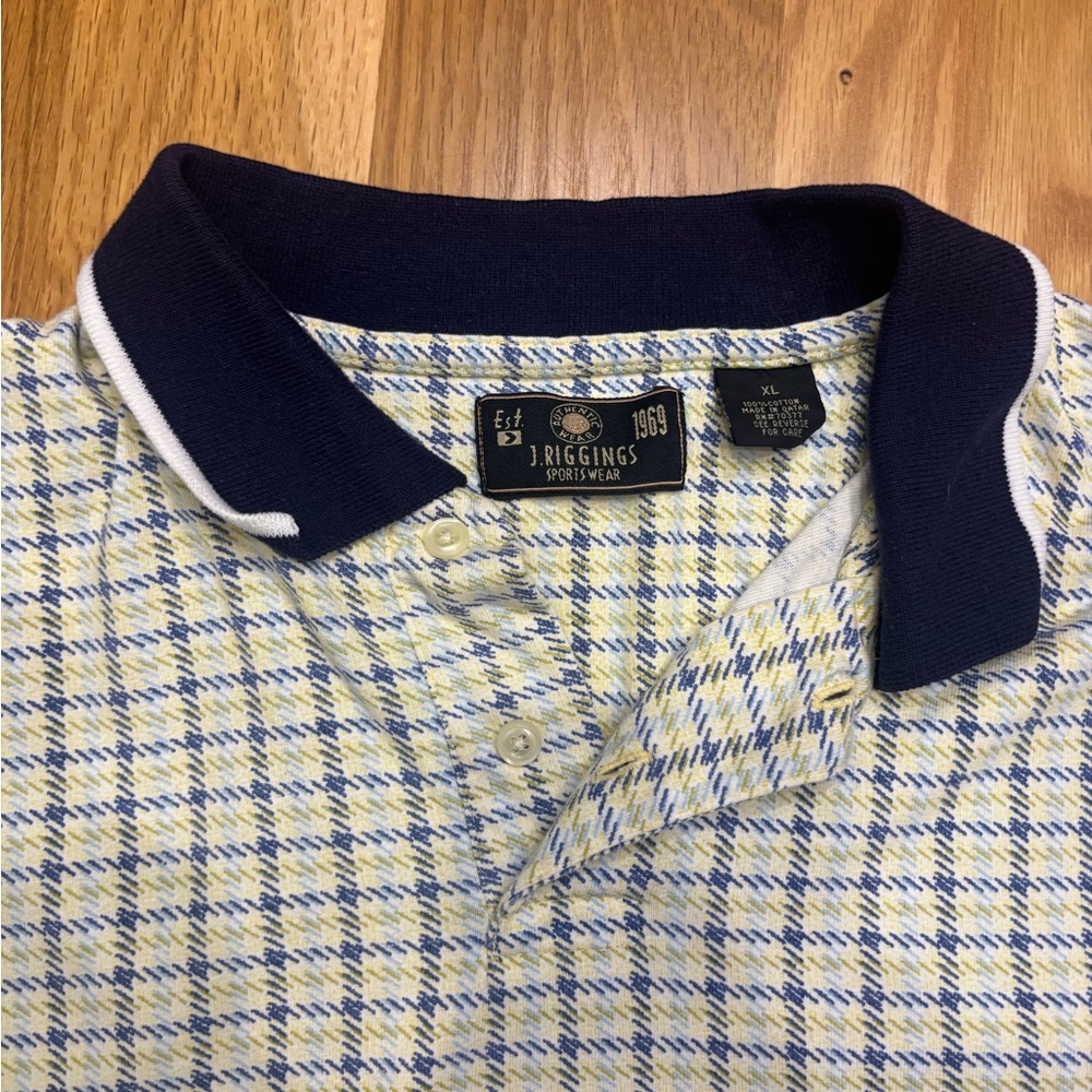 Vintage J. Riggings Men's Navy and Yellow Checkered Polo Shirt